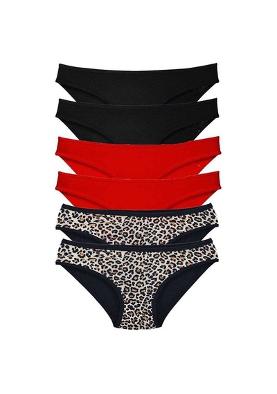 6 Adet Özel Set Likralı Yumuşak Dokulu Kadın Slip Külot Leopar Siyah Kırmızı Renkli