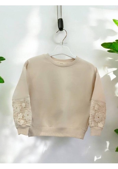 Kız Çocuk Pamuklu İki İplik Kolları Güpür Yuvarlak Yaka Sweatshirt-14464 Bej