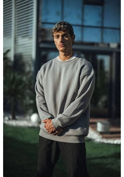 Erkek Bisiklet Yaka 3 İplik Pamuklu Basic Sweatshirt - Boyalı Gri