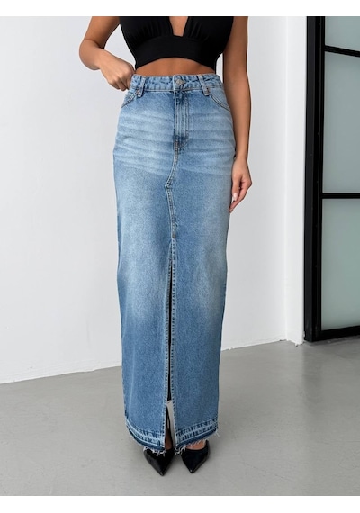 Herton Kadın Yüksek Bel Yırtmaçlı Maxi Boy Jean Etek - %100 Pamuk Denim ÇoK Renkli