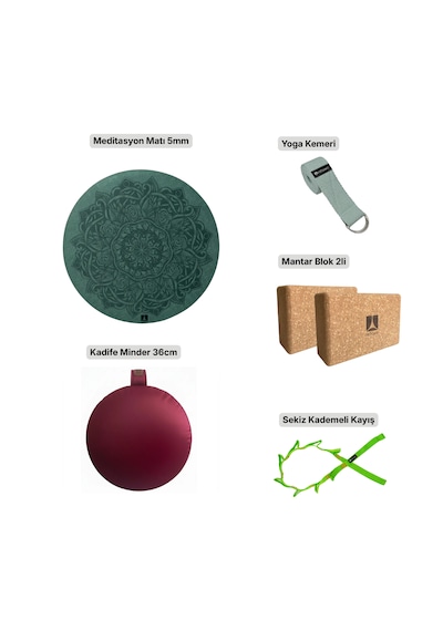 Meditasyon Ve Yoga Destek Seti - Oval Mat + Kadife Minder + Yoga Kemeri + Cork Blok 2li + Kademeli Germe Kayış Yeşil