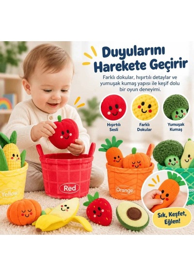 Robokids Montessori Meyve Sebze Renk Eşleştirme Duyusal Bebek Oyuncağı 16 Parça