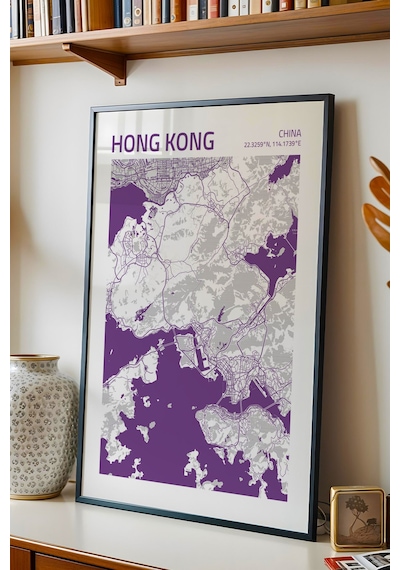 Hong Kong China Haritası Çerçeveli Tablo Lüks Salon Ofis Duvar Dekorasyonu Hediyelik Tablo Siyah