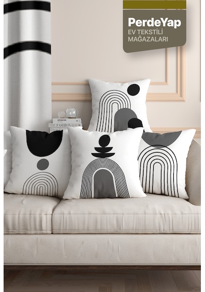 Çift Taraflı Dijital Baskılı Geometrik Desenli 4'lü Kırlent Kılıfı 43x43 cm Siyah Gri