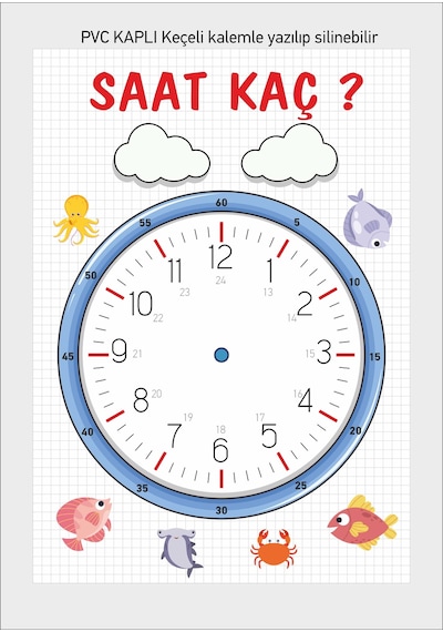 Yaz Sil Saat Kaç Materyali  Çocuk Saat Öğrenme A4 PVC Kaplı