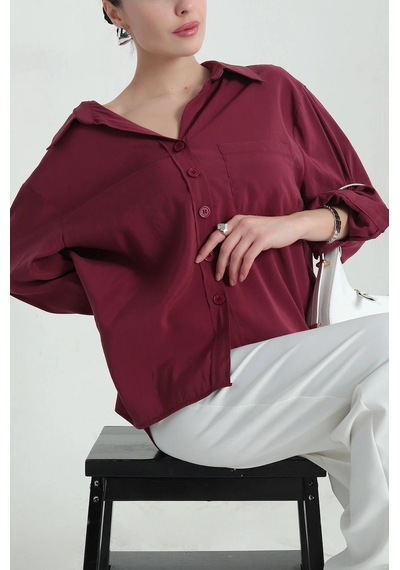 Ribana Tek Cep Modal Oversize Kadın Gömlek Bordo