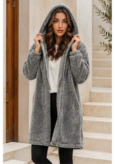 Unika Boutique Kadın Welsoft Fermuarlı Kapüşonlu Uzun Polar Hırka Gri