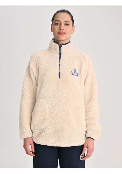 Fenerbahçe Ekru Trend Biye Detaylı Peluş Kadın Oversize Sweatshirt