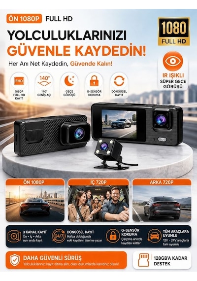 Wi-fi App Destekli 1080p 3 Kameralı Araç İçi Araba Kamerası Gece Görüşü & 140 Geniş Açı Dvr