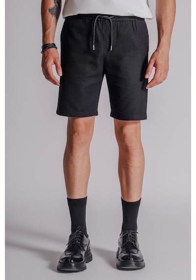 Braccas Erkek Yandan Cepli Beli Lastikli Keten Dokulu Relaxed Fit Jogger Şort Siyah Siyah
