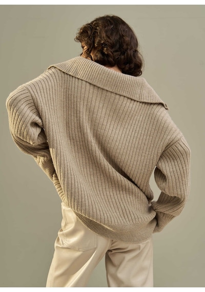 Mai Collection Mai Studios Co. Rika Vizon Saç Örgü Fermuarlı Triko Kazak Vizon