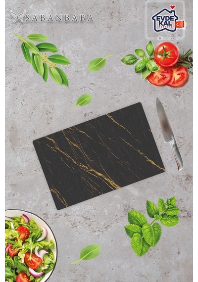 20X30 Cm Siyah Altın Mermer Desenli Cam Kesim Tablası