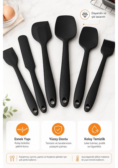 6'lı Siyah Silikon Mutfak Seti Yanmaz Yapışmaz Spatula Kaşık Fırça Pasta Hamur 20-27 cm