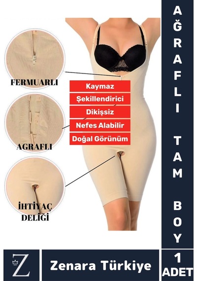 Günlük Vücut Şekillendiren Beden İncelten Toparlayan İhtiyaç Deliği Fermuarlı Ağraflı Tam Boy Korse Ten