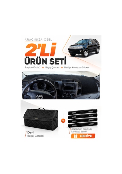 E-biz Toyota Fortuner 2005-2014 Uyumlu Torpido Örtüsü + Deri Bagaj Çantası Seti - Siyah - To018