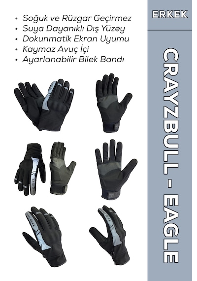 Crazybull Eagle Gri Su Ve Rüzgar Geçirmez Kışlık Erkek Motosiklet Eldiveni + Buff