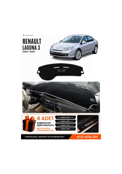 Renault Laguna 3 2007-2015 Uyumlu Torpido Örtüsü, Torpido Kılıfı - Siyah Gri