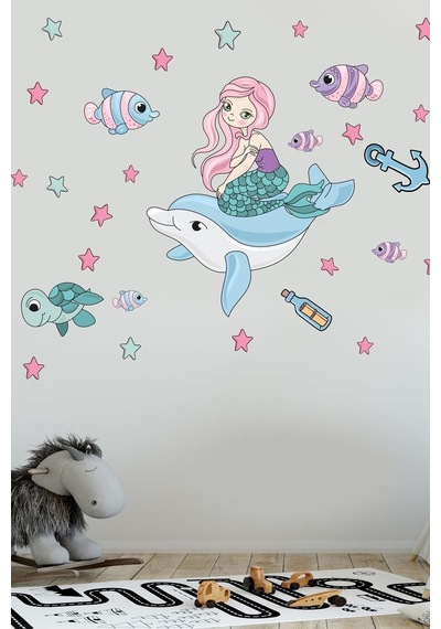 Su Altı Dünyası Deniz Kızı Ve Balıklar Temalı Çocuk Odası Banyo Duvar Sticker Çok Renkli