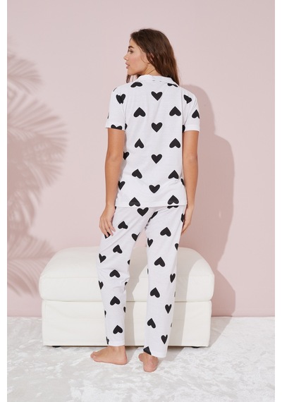 Siyah İnci Örme Pamuklu Düğmeli Pijama Takım Beyaz Siyah Kalp