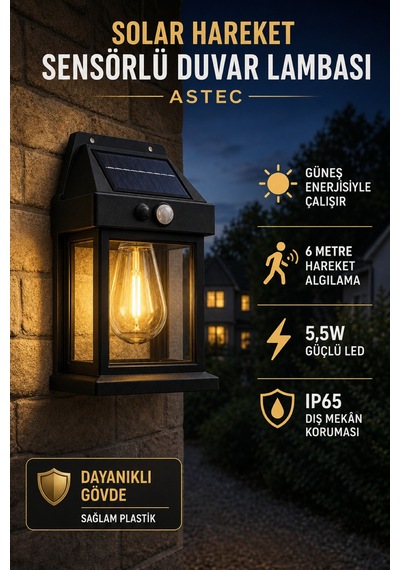 Astec Solar Hareket Sensörlü Duvar Lambası 20w Ip65 Güneş Enerjili Bahçe Apliği Gün Işığı
