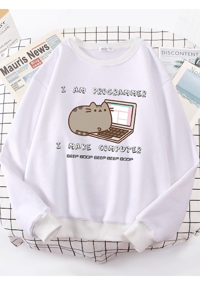 Startmore Startmoreben Programcı Bilgisayarı Yapıyorum Komik Kedi Kadın Hoody Kore Moda Kazak Sokak Rahat Giysil Beyaz