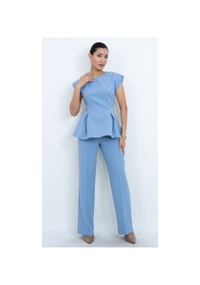 Dorne Moda Özel Koleksiyon Kruvaze Gold Düğmeli Peplum Bluz Ve Pantolon İkili Takım - Düğün - Mezuniyet - Ofis Şıklığı Mavi Mavi Dorne Moda Özel Koleksiyon Kruvaze Gold Düğmeli Peplum Bluz Ve Pantolon İkili Takım - Düğün - Mezuniyet - Ofis Şıklığı Mavi Mavi