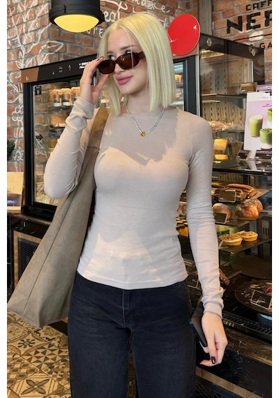 Bej Kayık Yaka Modal Kaşmir Ultra Hafif Body Mg2627 Bej