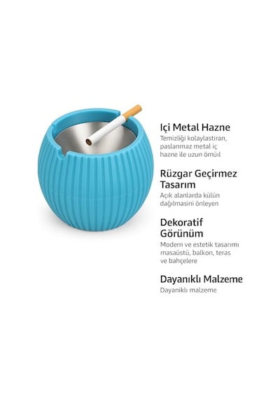 Dekoratif İçi Metal Hazneli Küllük, Rüzgar Geçirmez, Masa Üstü Ve Bahçe Kullanımı, Şık Tasarım, Sigara Küllüğü Mavi