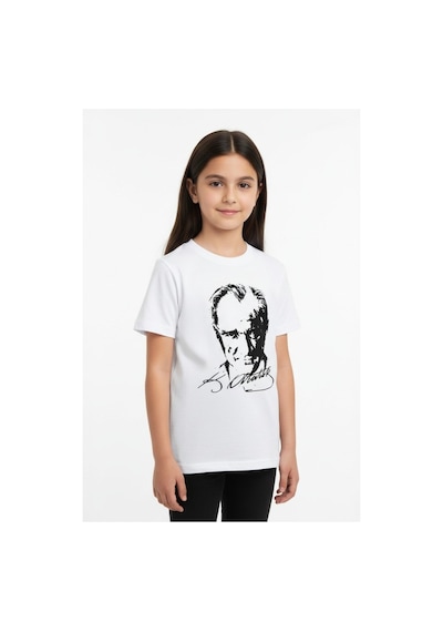 Westicgiyim Atatürk Baskılı Çocuk Tişört Unisex Pamuklu Kısa Kollu Tişört Beyaz