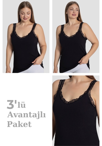 Kadın Büyük Beden Pamuklu Dantelli Atlet Esnek Ve Rahat Siyah 3'lü Paket SIYAH