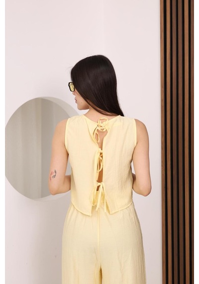 Famoda Sarı Sırtı Çapraz Bağcıklı Crop Bluz & Yüksek Bel Palazzo Pantolon Alt Üst Takım