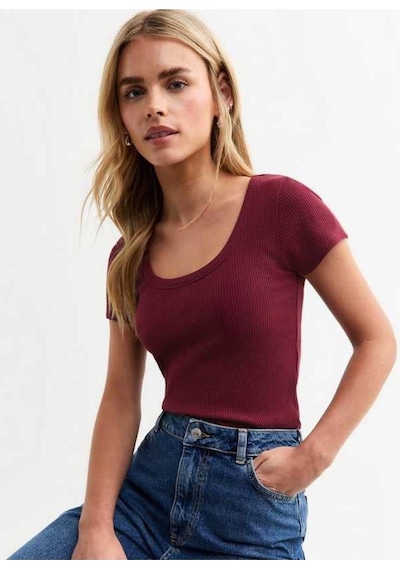 Rooted Kadın Kare Yaka T-shirt & Bluz , Likralı Fitilli Kaşkorse Kumaş Bordo