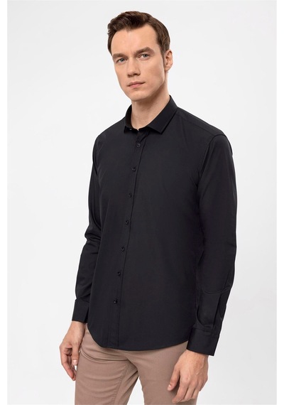 Süvari Siyah Slim Fit Düz Klasik Yaka Gömlek-33946 Siyah