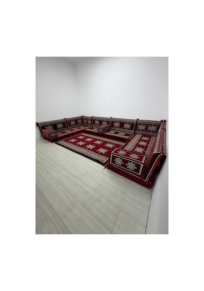 Yıldız Modeli Bordo Otantik Şark Köşesi Takımı U Set - Geleneksel Yer Minderi Seti 10 Cm Minder Kalınlığı 15 Parça