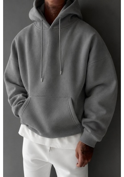 Tarz Cool Regular Kapüşonlu Sweatshirt Erkek Unisex 3 İplik Şardonlu %100 Pamuk Basic Hoodie Gümüş