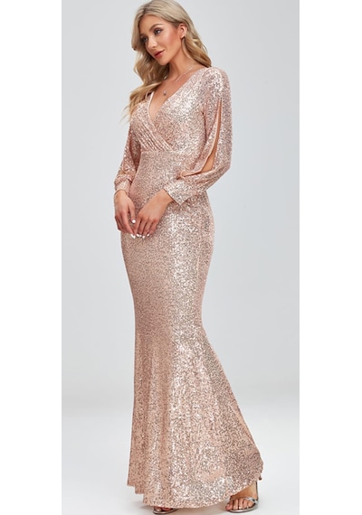 Hanife Glam Couture Hanife Glam Uzun Kollu Kruvaze Yaka Pullu Abiye Elbise Gold