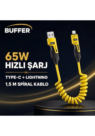 4&amp Apos Ü 1 Arada Esnek Spiral Hızlı Şarj Kablosu, Araç İçi Yaylı Kablo, Type-c Ve Lightning Uyum