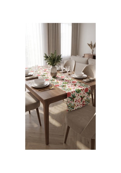 Duck Kumaş Runner 40x150 Cm Yılbaşı Şeker Bastonu, Çam Dalı Ve Kırmızı Kurdele Desenli, Su İtici Leke Tutmaz Masa Şeridi Kırmızı - 935840398 Kırmızı