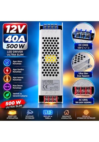 12 Volt 40 Amper 500 Watt Ultra Slim Metal Kasa Trafo