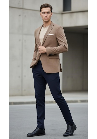 Plus Scorpion Erkek Esnek Kumaş Slim Fit Blazer Ceket Günlük & Ofis Şıklığı Taba