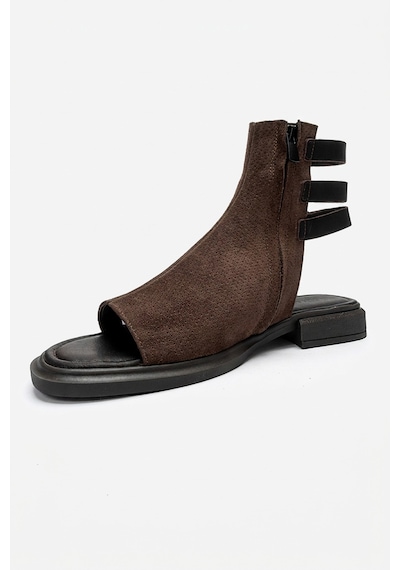 Luvishoes Carına Kahverengi Süet Hakiki Deri Yandan Fermuarlı Kadın Sandalet