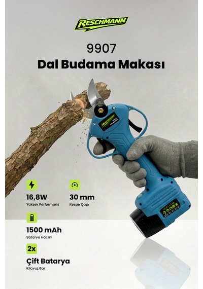 Reschmann R-M9907 Profesyonel 30MM Şarjlı Dal Budama Makası - Çift Bataryalı Yedek Bıçaklı Akülü Bağ Makası