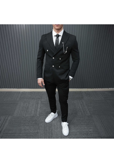 Beystil Sivri Yaka Siyah Kruvaze Takım Elbise Petek036 - Slim Fit Siyah