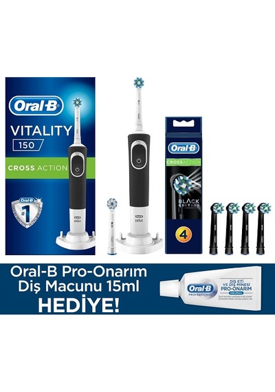Oral-B Vitality D150 Cross Action Sarjlı Diş Fırçası  + Sross Action Siyah Yedek Başlık 4'lü + Diş Macunu 15 ML