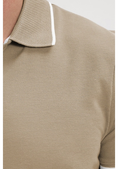 Tudors Erkek Slim Fit Dar Kesim %100 Pamuk Jakarlı Düz Yaka Ve Kol Detaylı Bej Polo Yaka Tişört-50218