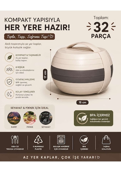32 Parça 6 Kişilik Taşınabilir Küre Piknik Seti Bej