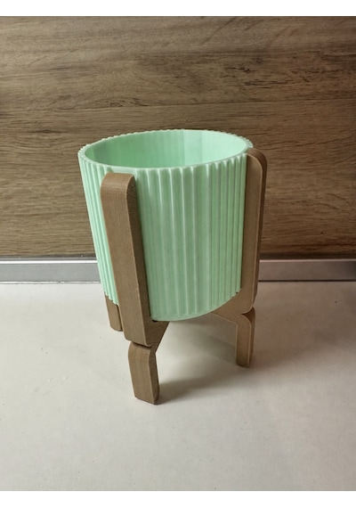 3d Baskı Ayaklı Çizgili Saksı - Bej Standlı Dekoratif Saksı - Mint -