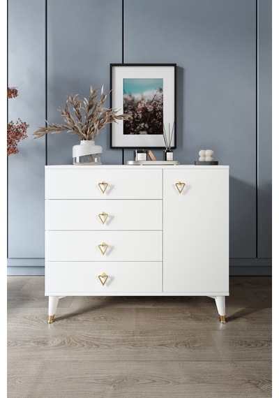 Simple 4 Çekmeceli 1 Kapaklı Modern Şifonyer Beyaz Gold Beyaz - Gold
