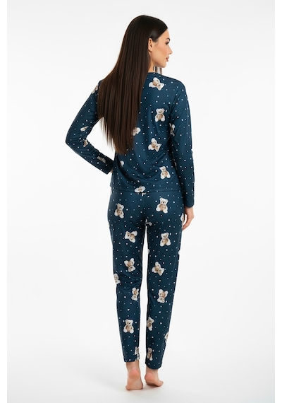 Bisiklet Yaka Süet Pijama Takımı 6003 Ayıcıklı Lacivert
