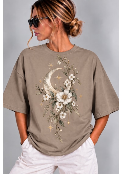 Velaura Studio Ay Işığı Çiçekleri Kadın T-shirt Vizon